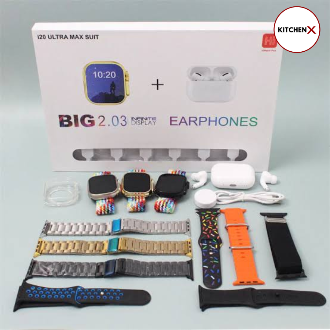 I20 Ultra Watch Max Suit Smart Watch + Earbuds (10 in 1 Set)