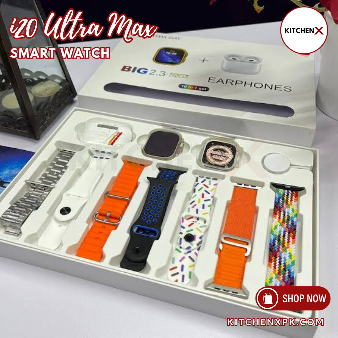 I20 Ultra Watch Max Suit Smart Watch + Earbuds (10 in 1 Set)