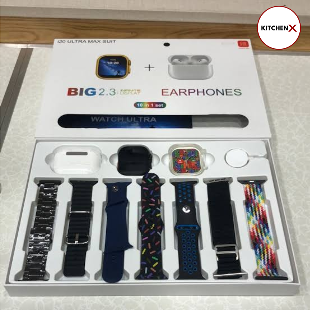 I20 Ultra Watch Max Suit Smart Watch + Earbuds (10 in 1 Set)